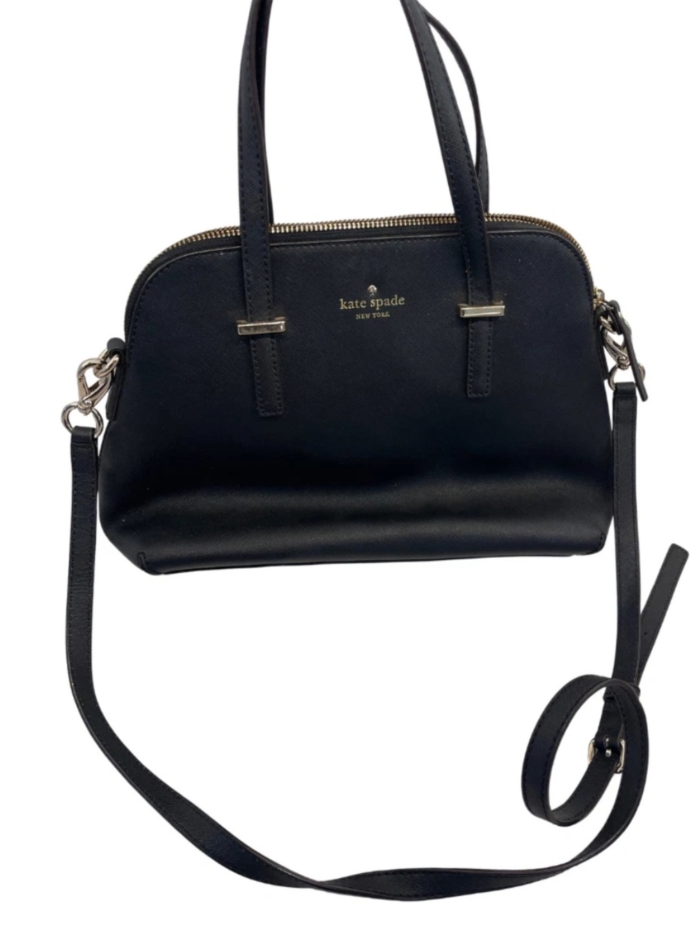 Kate Spade New York Black Leather Women's Handbag Gold Tone Top Zip Closure